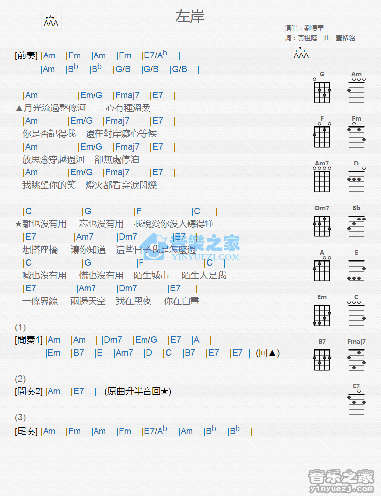 刘德华《左岸》尤克里里弹唱谱