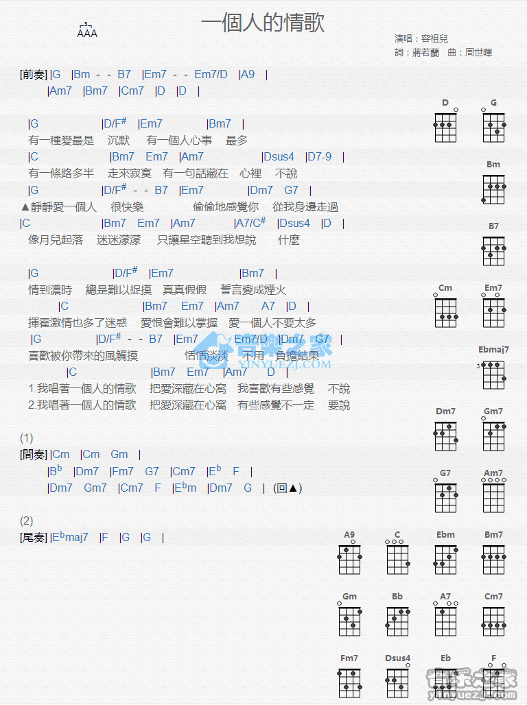 容祖儿《一个人的情歌》尤克里里弹唱谱