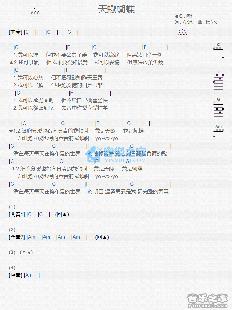 阿杜《天蝎蝴蝶》尤克里里弹唱谱