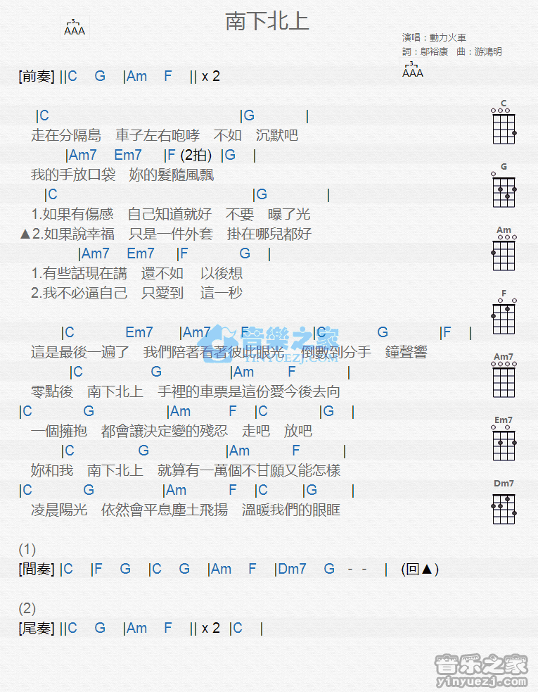 动力火车《南下北上》尤克里里弹唱谱