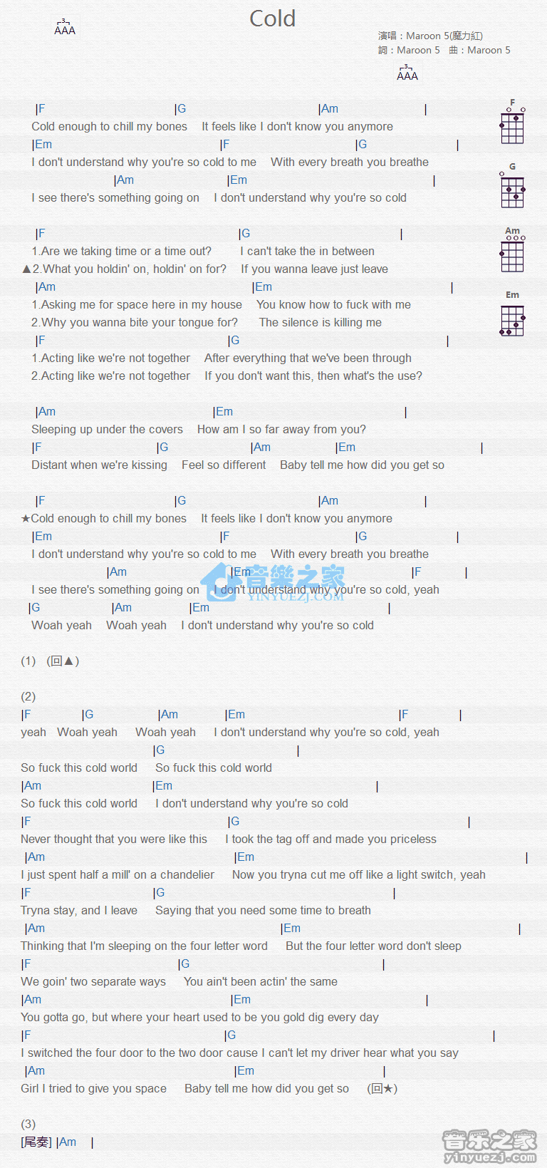 Maroon 5《Cold》尤克里里弹唱谱