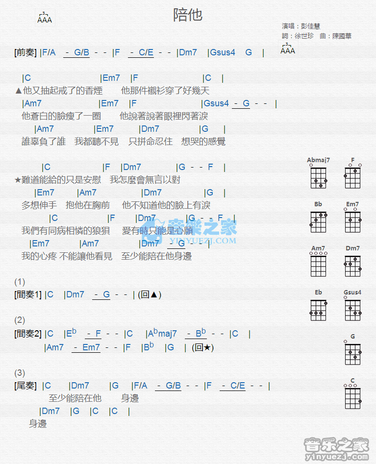 彭佳慧《陪他》尤克里里弹唱谱