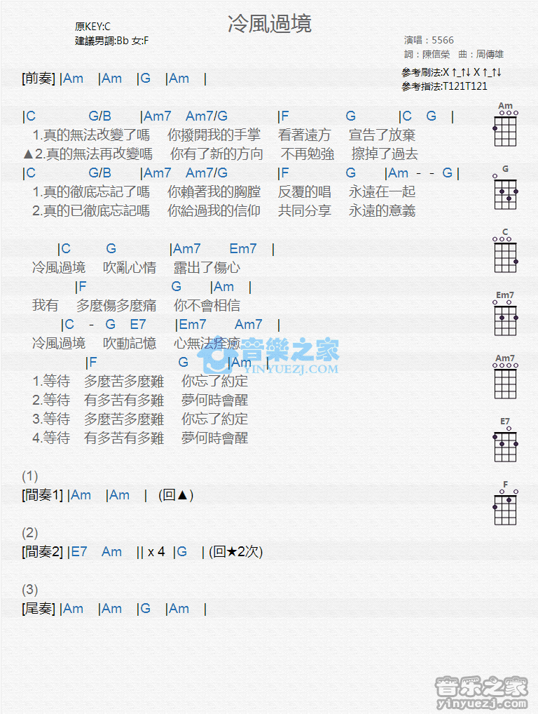 5566《冷风过境》尤克里里弹唱谱