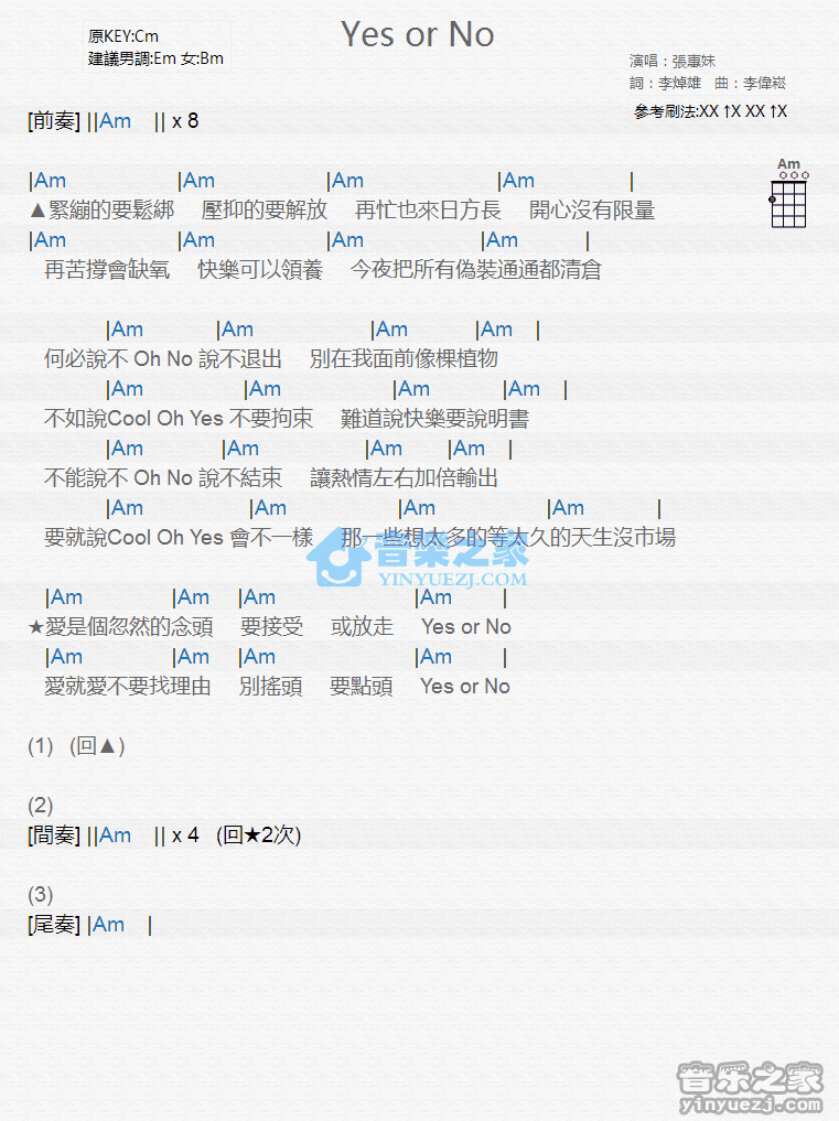 张惠妹《Yes Or No》尤克里里弹唱谱