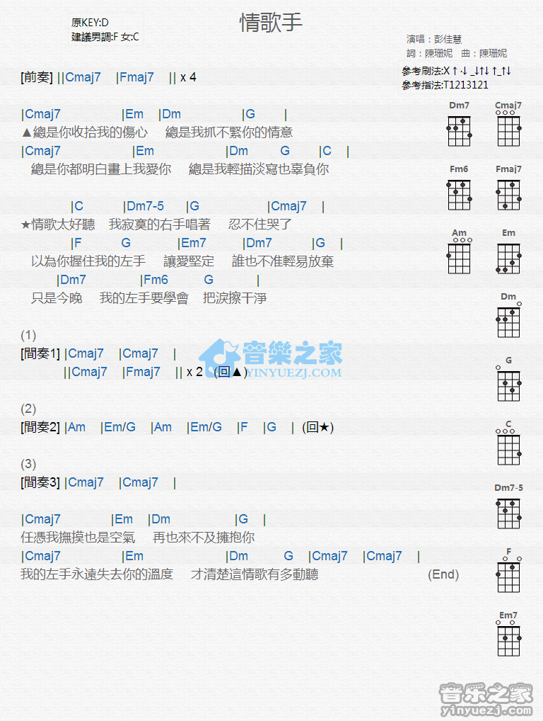 彭佳慧《情歌手》尤克里里弹唱谱
