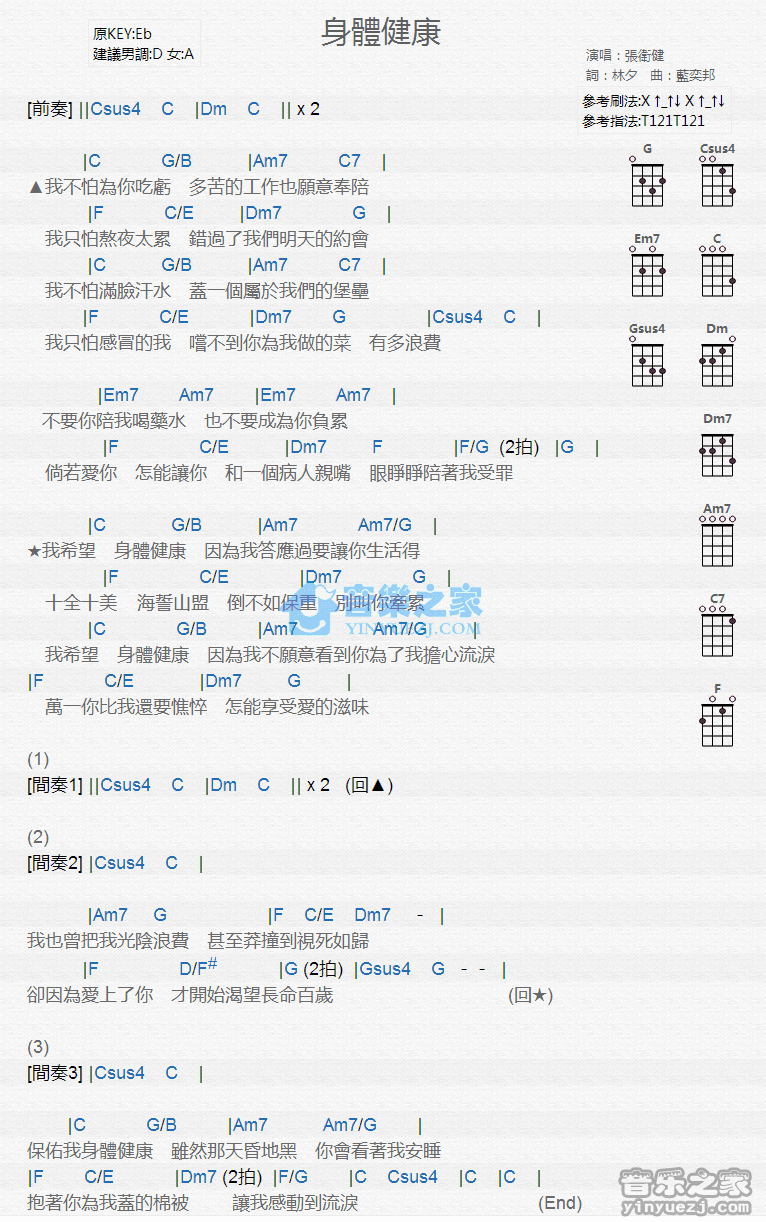 张卫健《身体健康》尤克里里弹唱谱