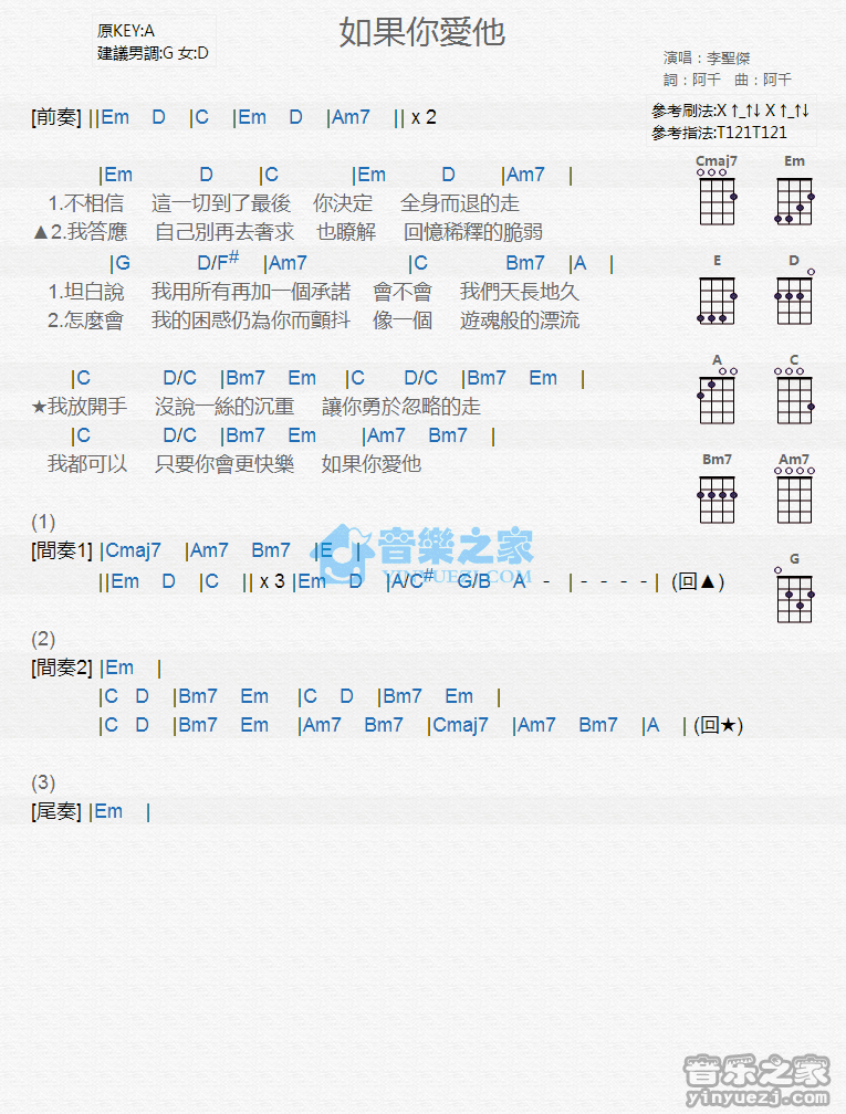 李圣杰《如果你爱他》尤克里里弹唱谱