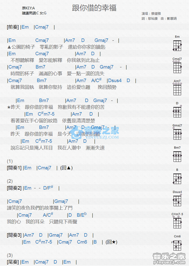 蔡健雅《跟你借的幸福》尤克里里弹唱谱
