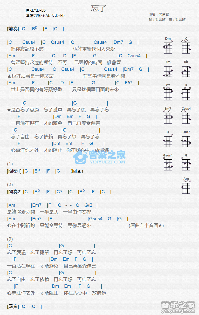 高慧君《忘了》尤克里里弹唱谱