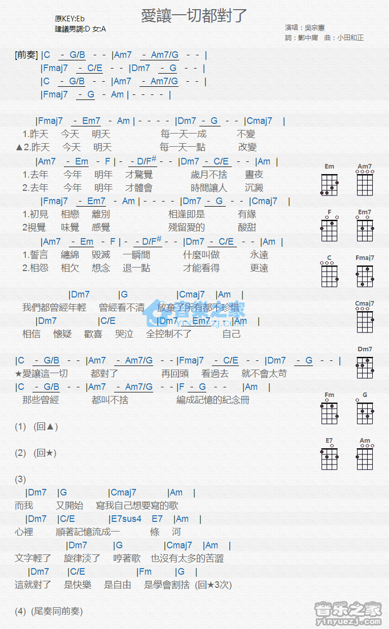 吴宗宪《爱让一切都对了》尤克里里弹唱谱