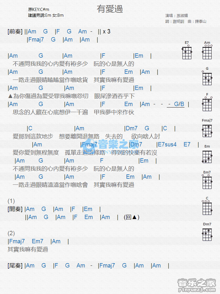孙淑媚《有爱过》尤克里里弹唱谱