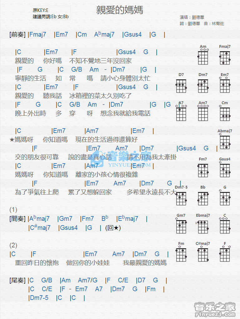 刘德华《亲爱的妈妈》尤克里里弹唱谱