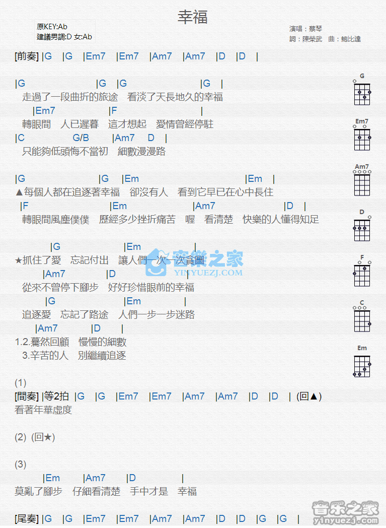 蔡琴《幸福》尤克里里弹唱谱