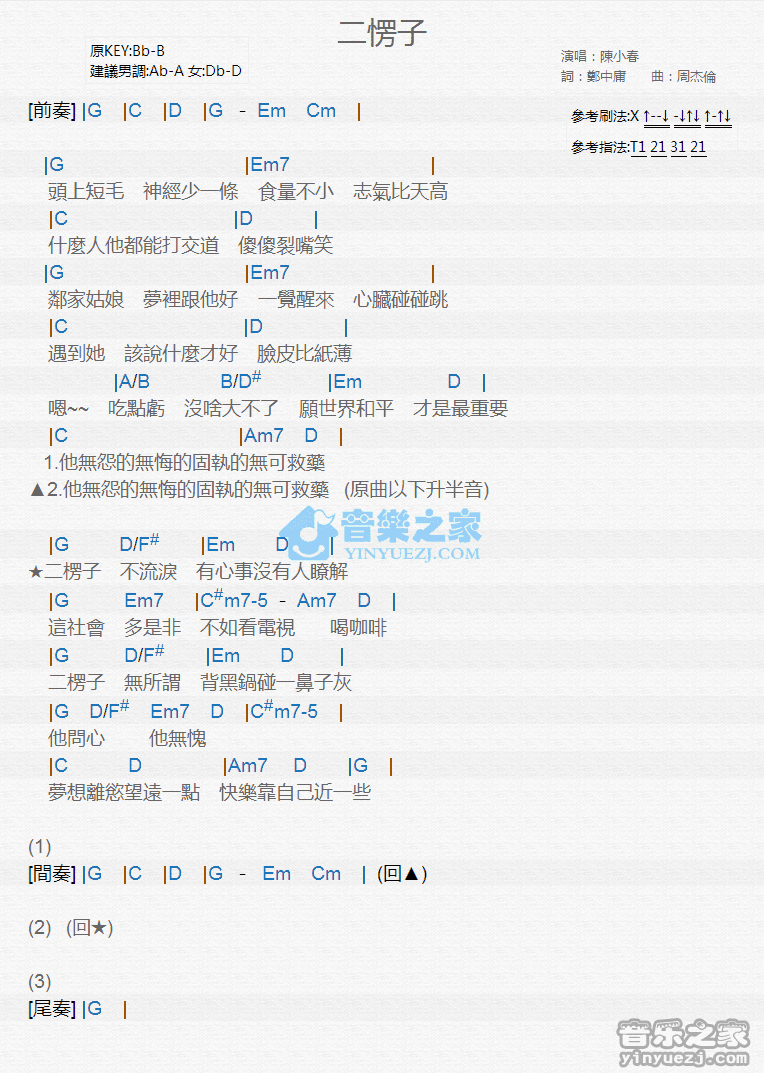 陈小春《二愣子》尤克里里弹唱谱