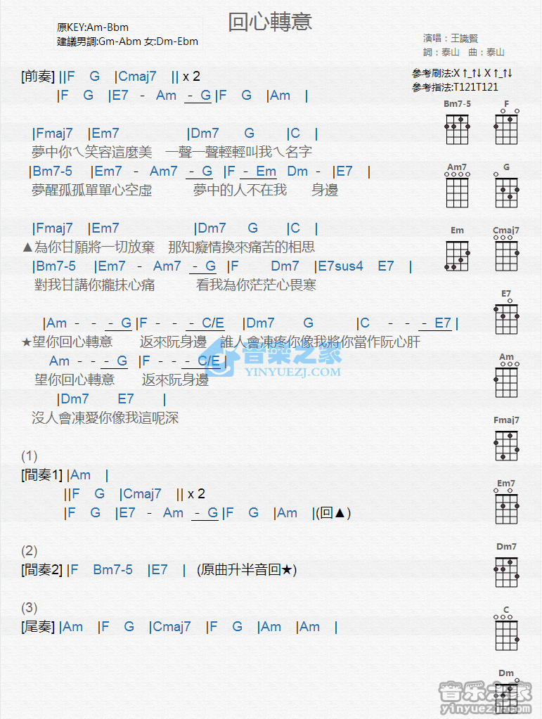 王识贤《回心转意》尤克里里弹唱谱