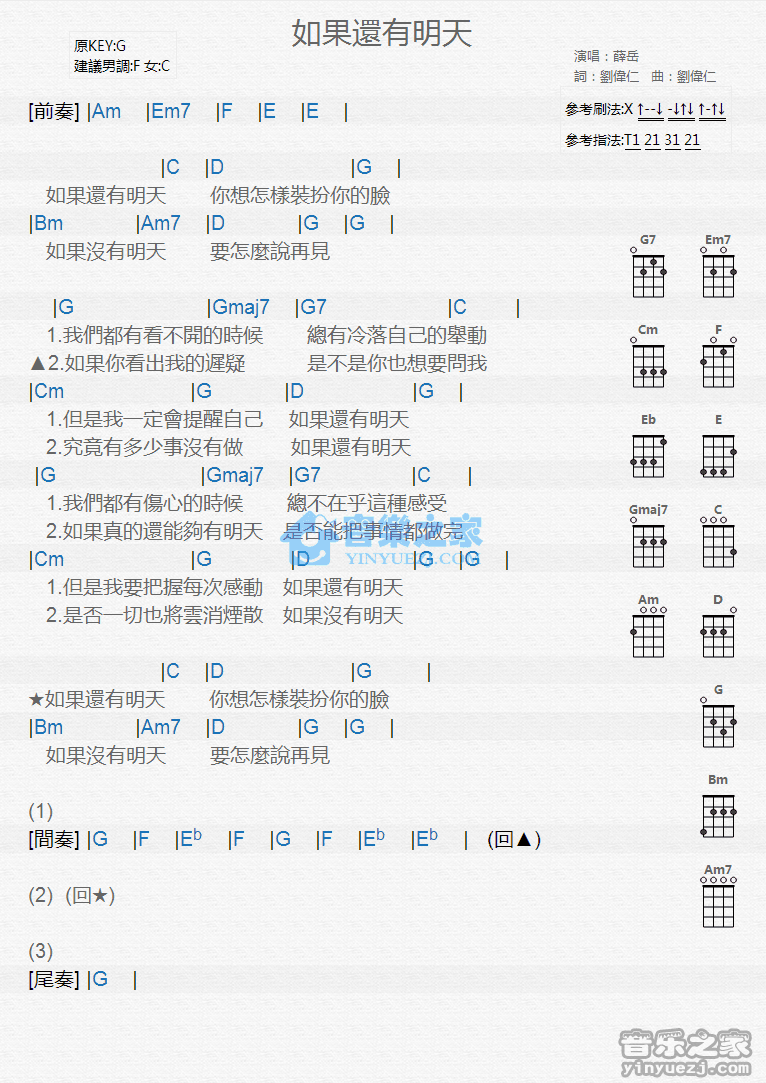 薛岳《如果还有明天》尤克里里弹唱谱