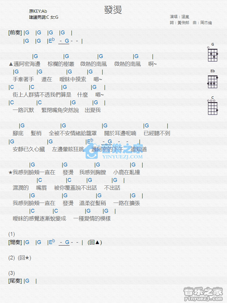 温岚《发烫》尤克里里弹唱谱