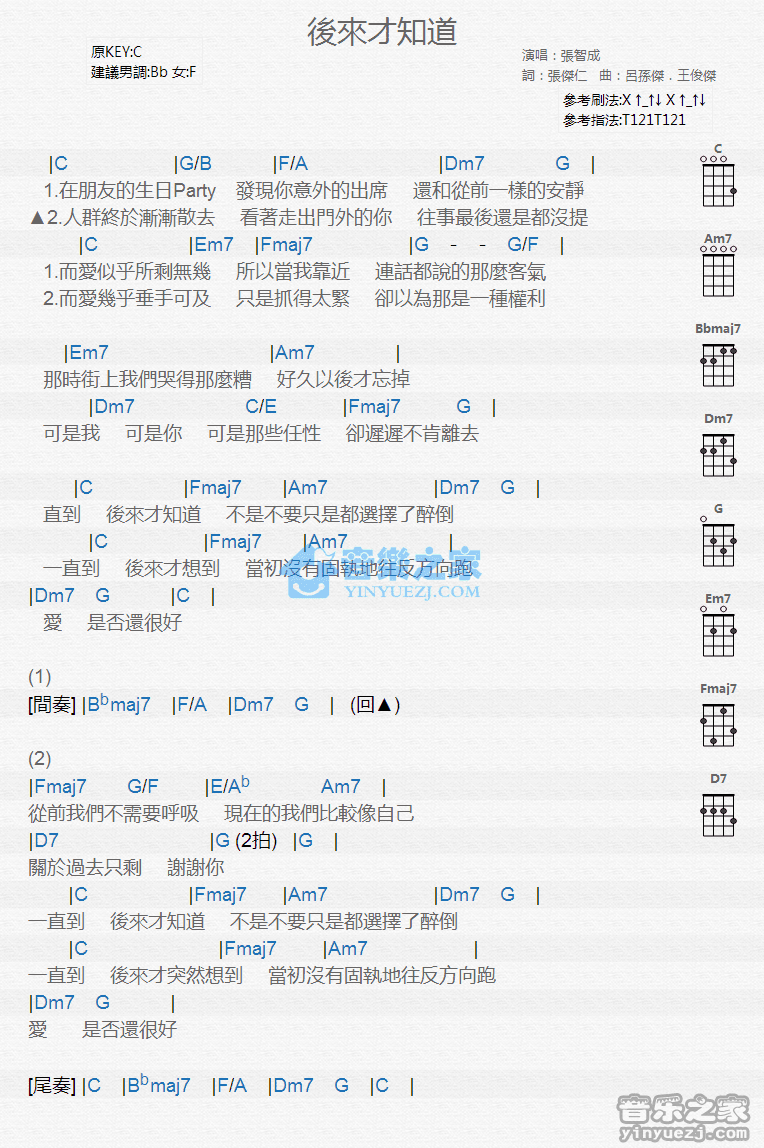 张智成《后来才知道》尤克里里弹唱谱