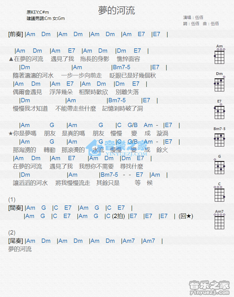 伍佰《梦的河流》尤克里里弹唱谱