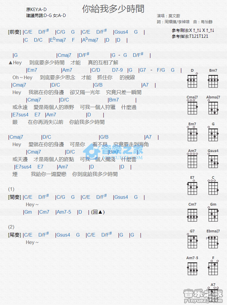 莫文蔚《你给我多少时间》尤克里里弹唱谱