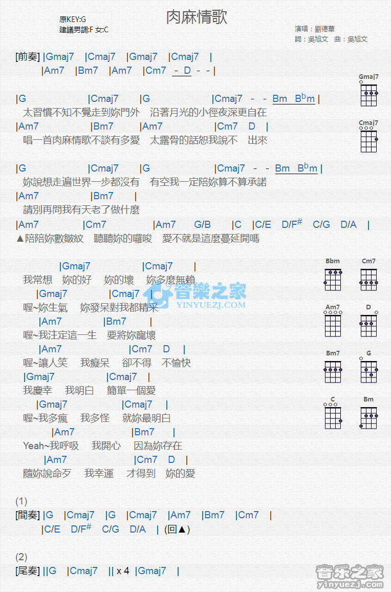 刘德华《肉麻情歌》尤克里里弹唱谱