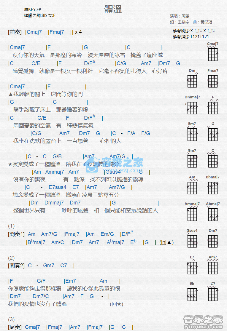 周蕙《体温》尤克里里弹唱谱
