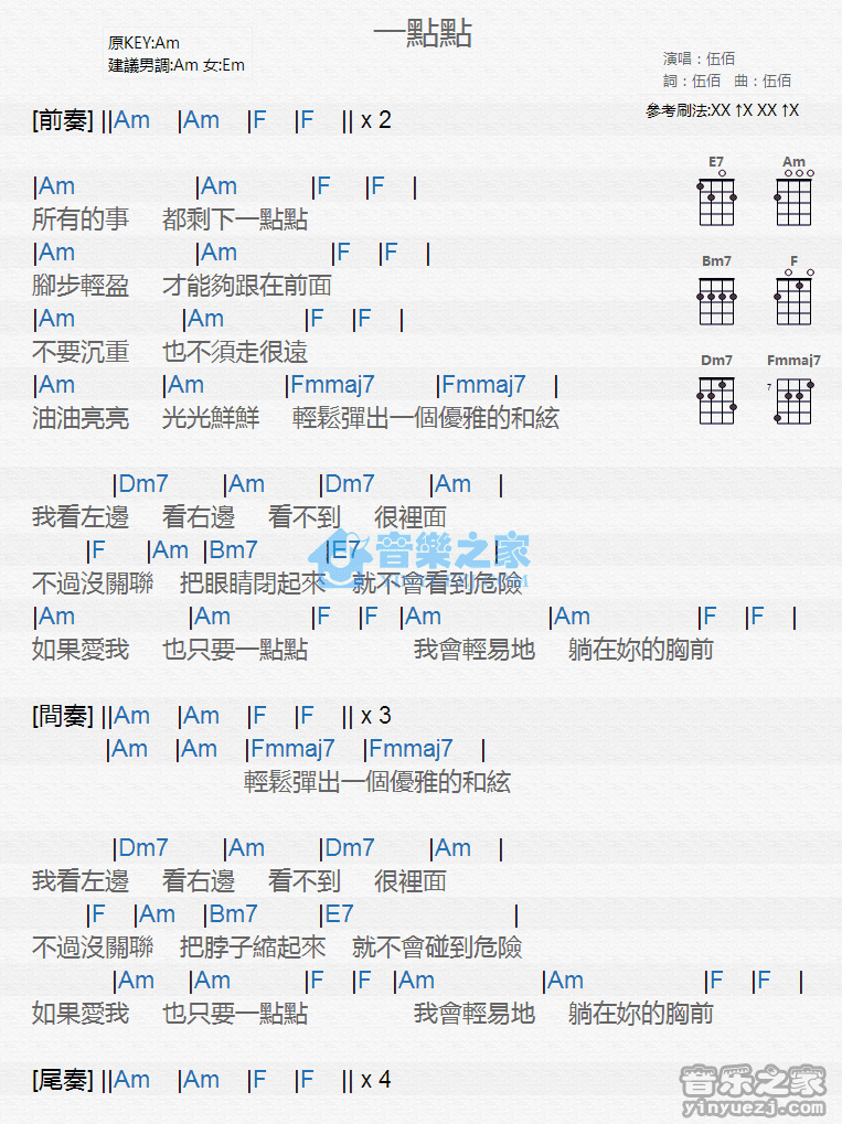 伍佰《一点点》尤克里里弹唱谱