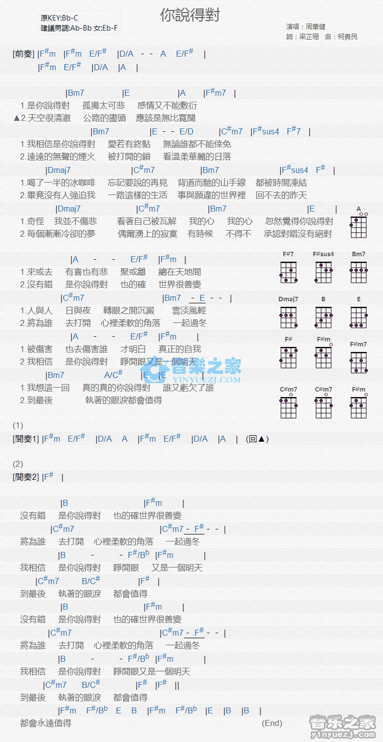 周华健《你说得对》尤克里里弹唱谱