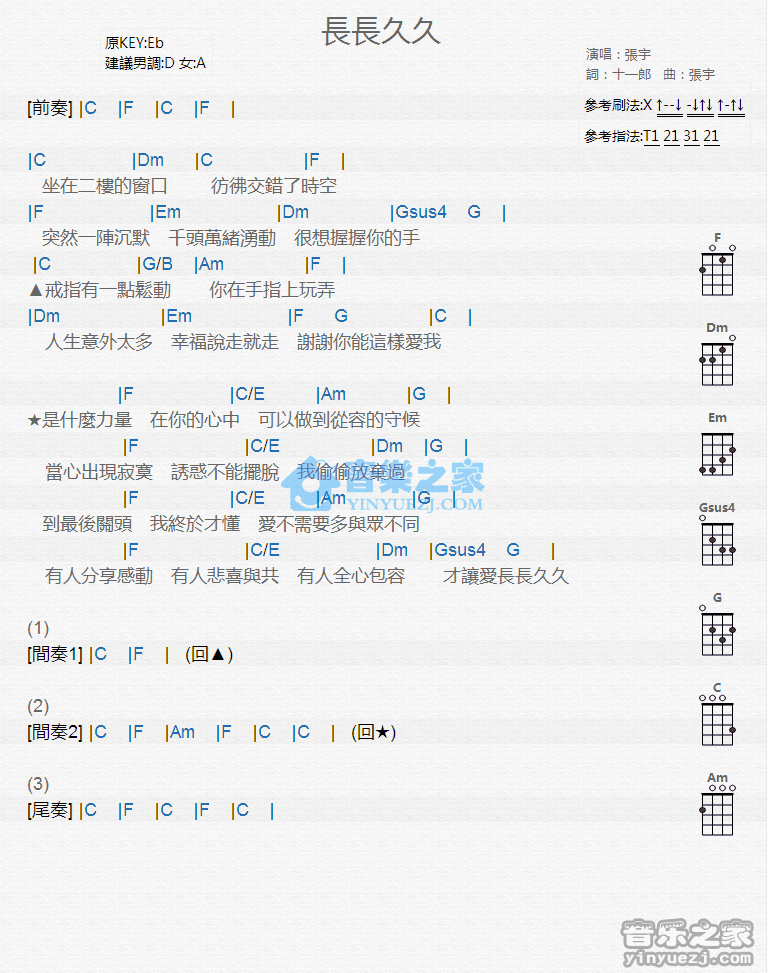 张宇《长长久久》尤克里里弹唱谱
