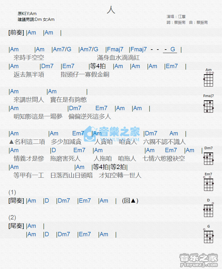 江蕙《人》尤克里里弹唱谱