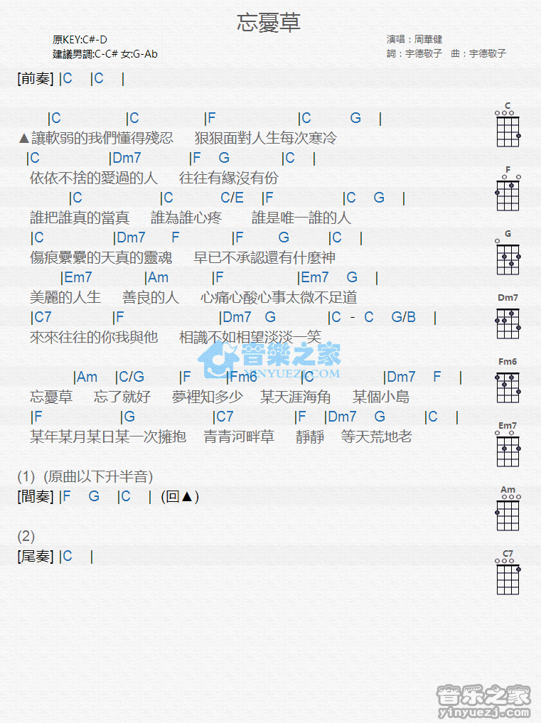 周华健《忘忧草》尤克里里弹唱谱