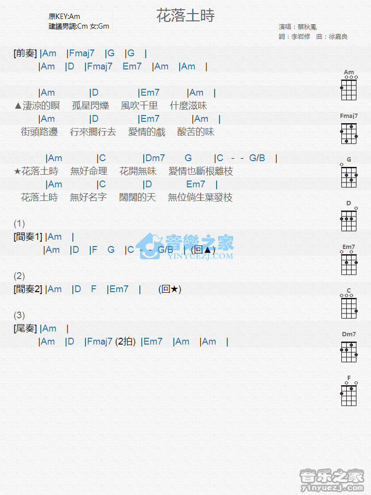 蔡秋凤《花落土时》尤克里里弹唱谱