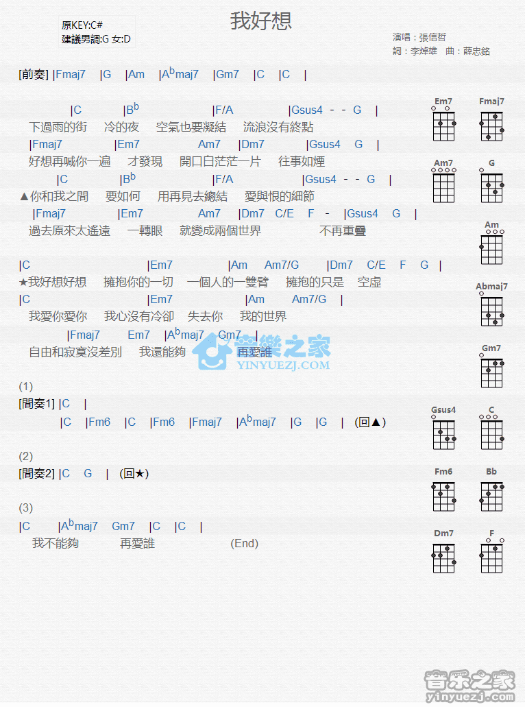 张信哲《我好想》尤克里里弹唱谱