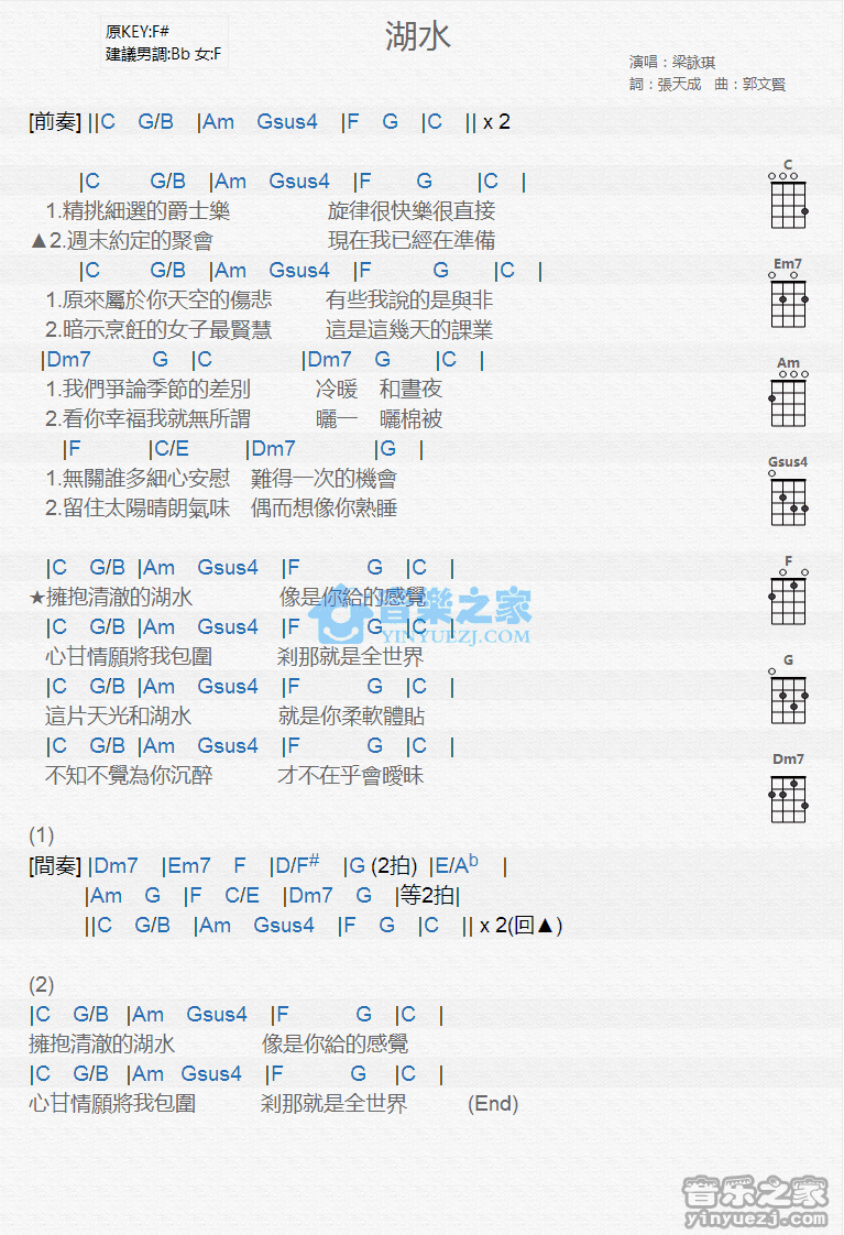 梁咏琪《湖水》尤克里里弹唱谱