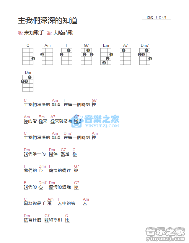 基督教歌曲《主我们深深的知道》尤克里里弹唱谱