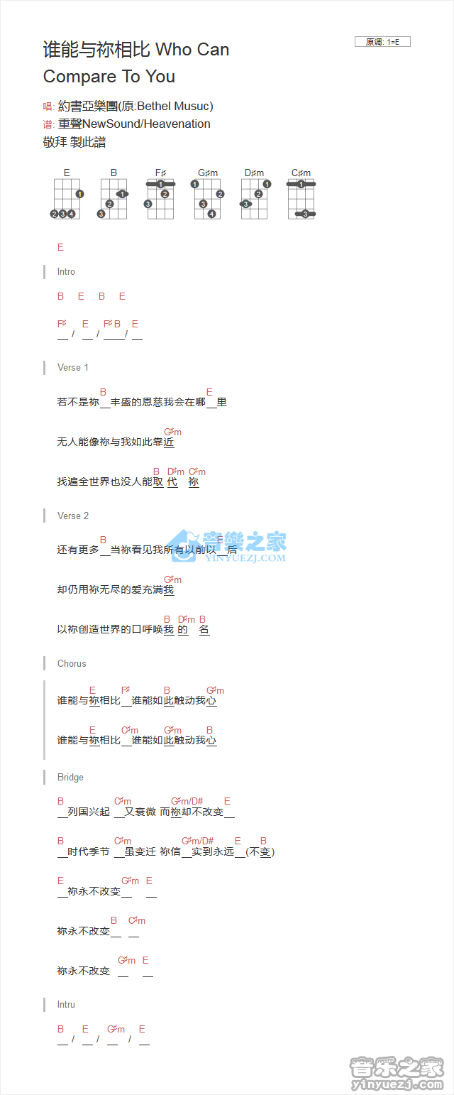 约书亚《谁能与你相比》尤克里里弹唱谱