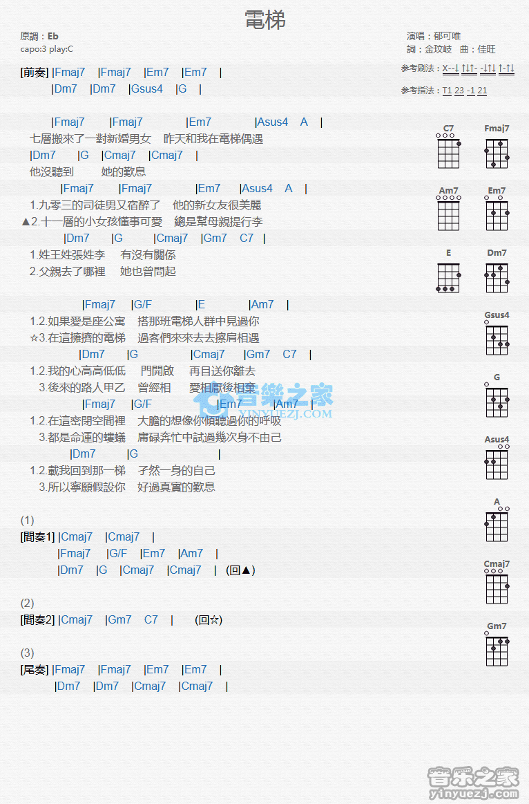 郁可唯《电梯》尤克里里弹唱谱