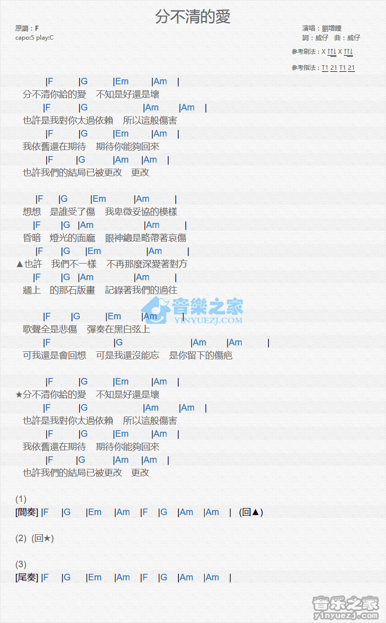 刘增瞳《分不清的爱》尤克里里弹唱谱