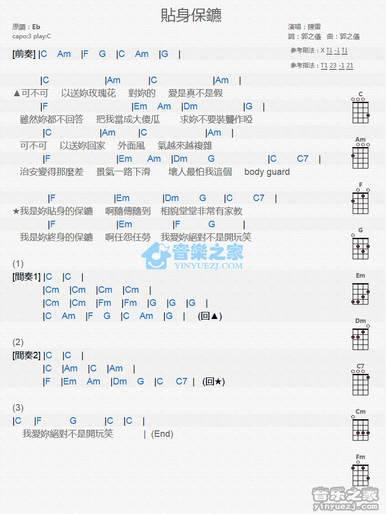 陈雷《贴身保镖》尤克里里弹唱谱