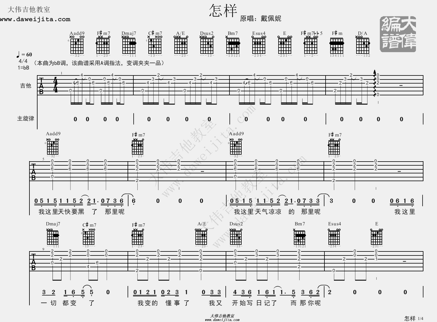 1大伟bB调版 戴佩妮《怎样》吉他弹唱六线谱