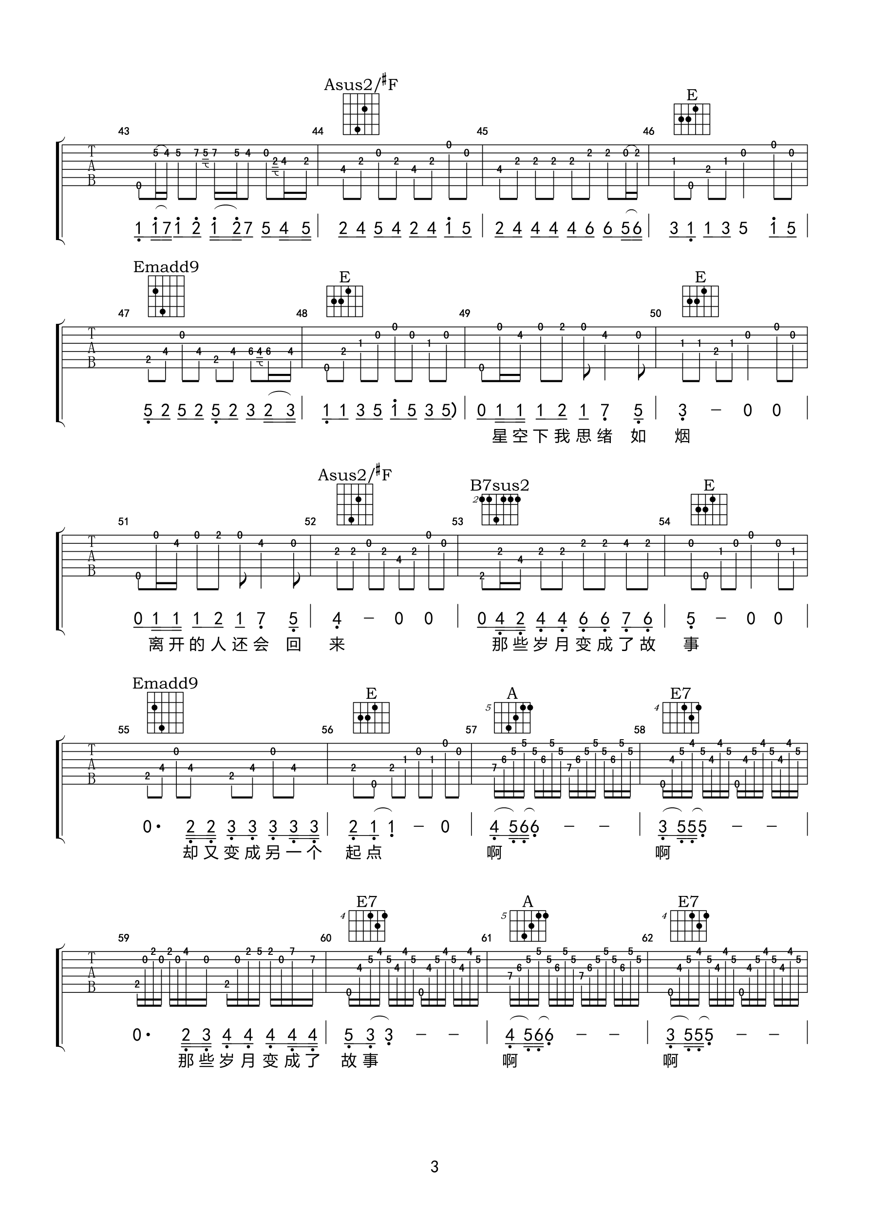 3小叶歌E调版 张智《温暖的归途》吉他弹唱六线谱
