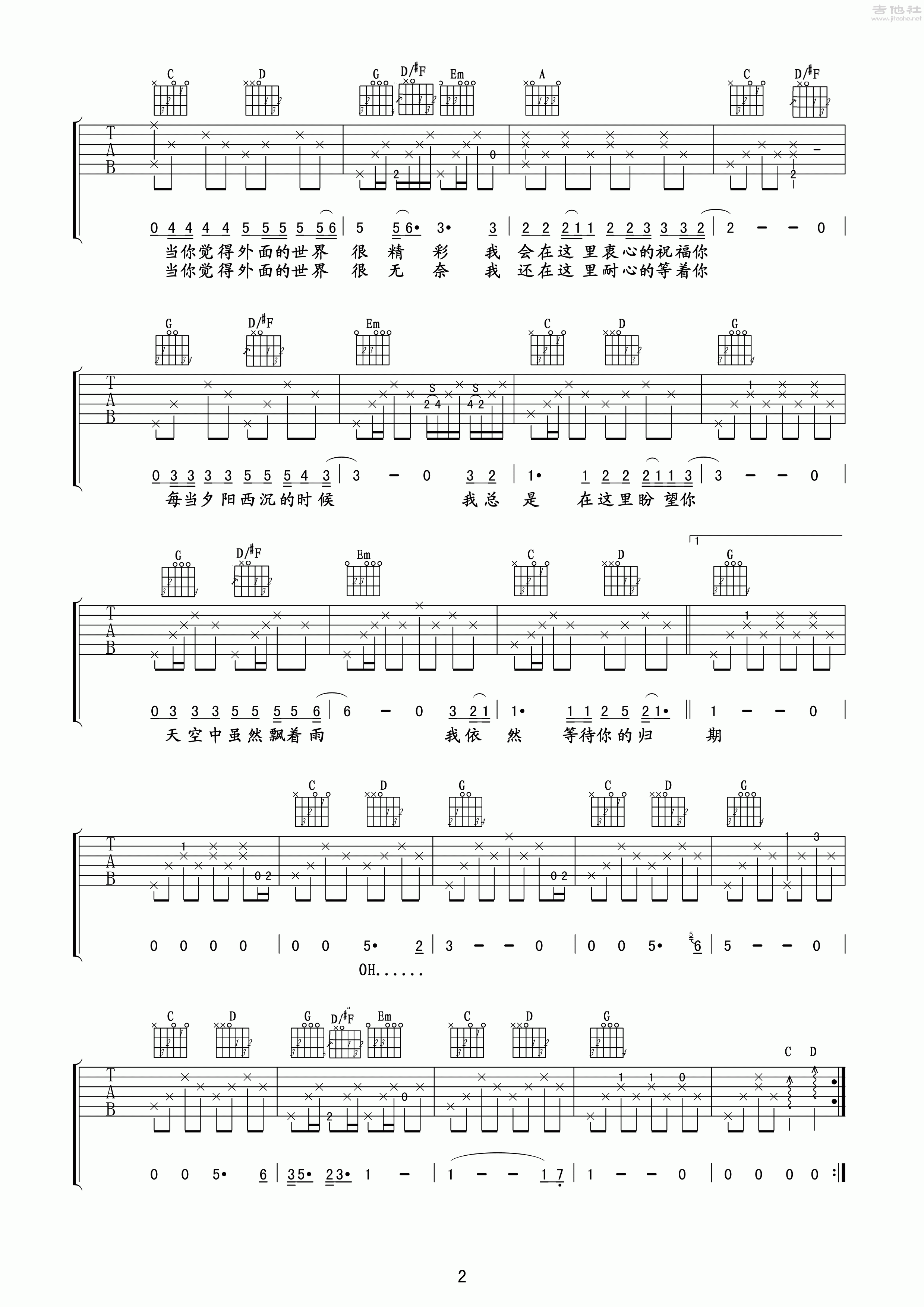 2玩易G调版 莫文蔚《外面的世界》吉他弹唱六线谱
