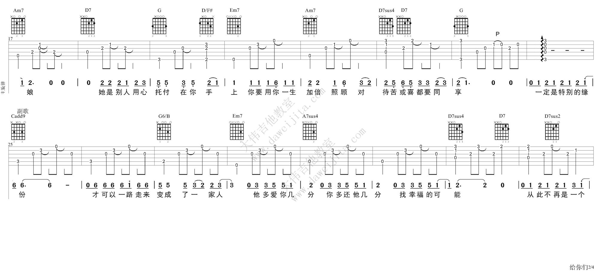 2大伟bA调版 张宇《给你们》吉他弹唱六线谱