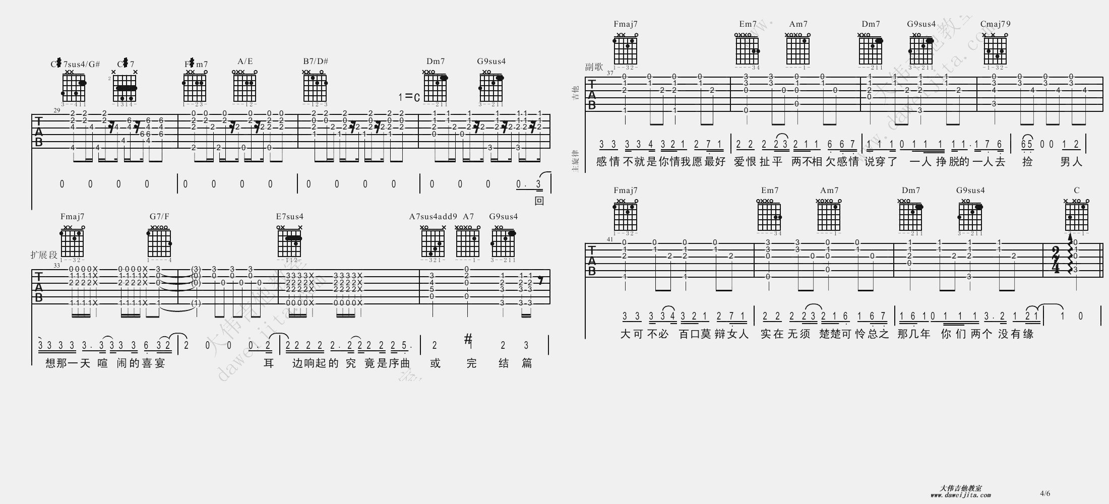 4大伟A调版 莫文蔚《阴天》吉他弹唱六线谱