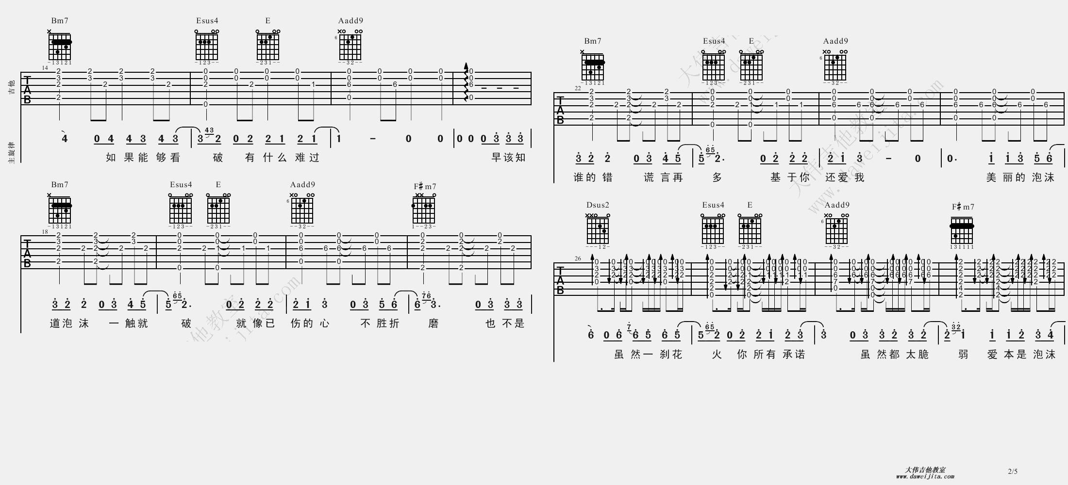 2大伟bB调版 邓紫棋《泡沫》吉他弹唱六线谱