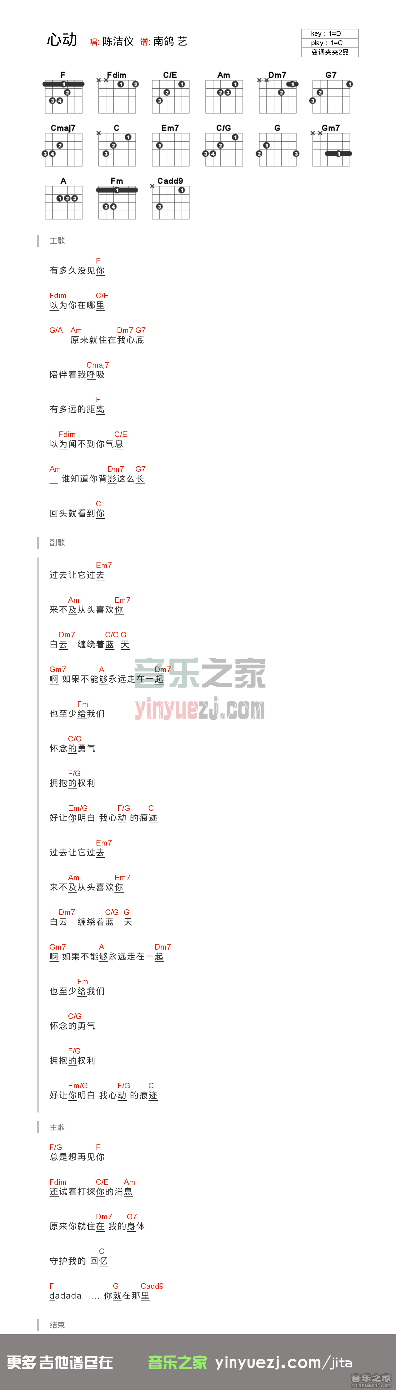 C调版 陈洁仪/庾澄庆《心动》吉他和弦弹唱谱