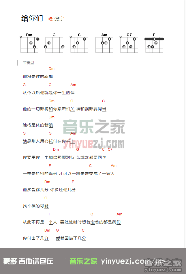 张宇《给你们》吉他和弦弹唱谱