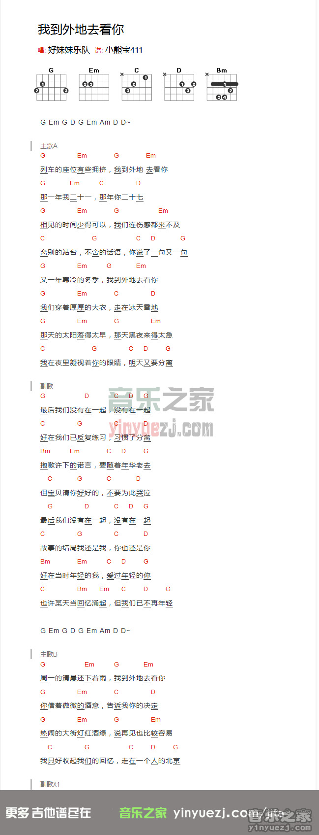 好妹妹乐队《我到外地去看你》吉他谱