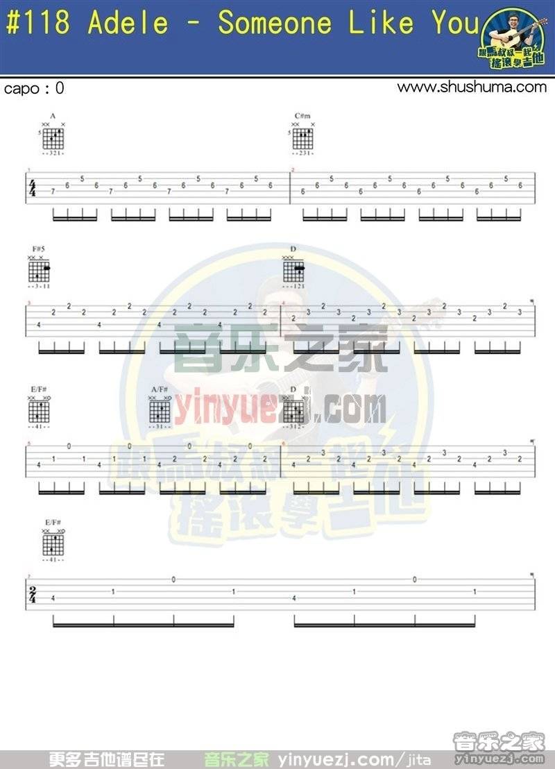 1马叔叔版 Adele《someone like you》吉他弹唱六线谱