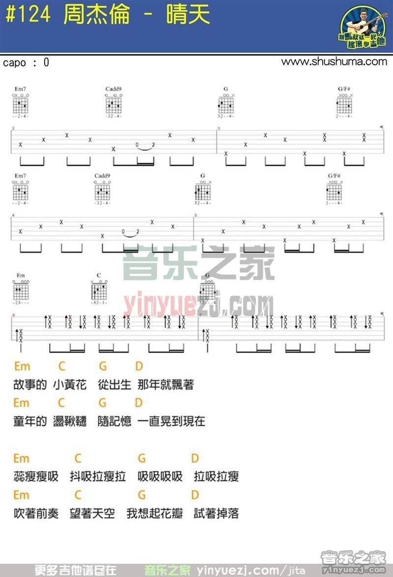 1马叔叔版 周杰伦《晴天》吉他弹唱六线谱